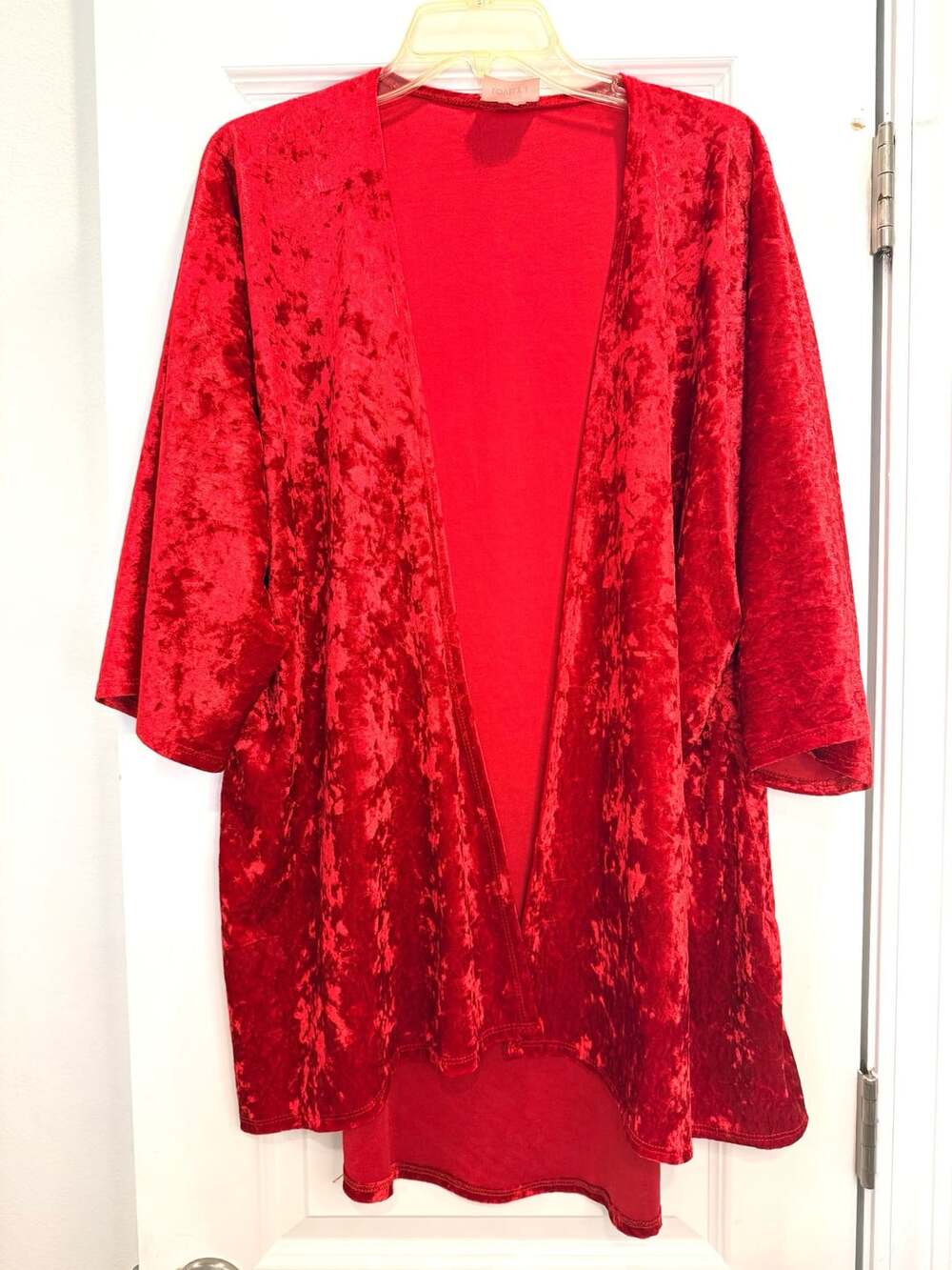LOVELY J Red Open Front Crushed Velvet Kimono Cardigan XL